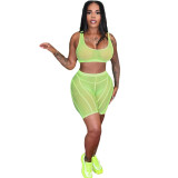 Summer Solid Sexy Chartreuse See Through Mesh Camisole Shorts Tracksuit Two Pieces