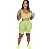 Summer Solid Sexy Chartreuse See Through Mesh Camisole Shorts Tracksuit Two Pieces