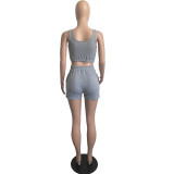 Solid Color Grey Ladies Vest Shorts Two Piece Set with Pockets
