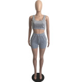 Solid Color Grey Ladies Vest Shorts Two Piece Set with Pockets