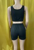 Solid Color Black Ladies Vest Shorts Two Piece Set with Pockets