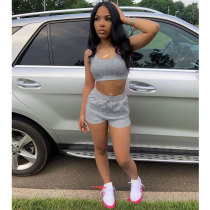 Solid Color Grey Ladies Vest Shorts Two Piece Set with Pockets
