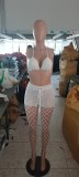 Sexy White Beach Fishnet Perspective Hollow Halter Crop Top Two Piece