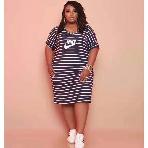 Casual Dark Blue Printed Homewear Branded V Neck Short Sleeve Midi Dress