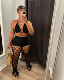 Sexy Black Beach Fishnet Perspective Hollow Halter Crop Top Two Piece