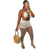Sexy White Beach Fishnet Perspective Hollow Halter Crop Top Two Piece
