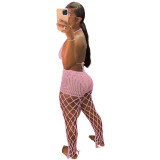 Sexy Pink Beach Fishnet Perspective Hollow Halter Crop Top Two Piece