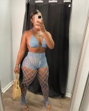 Sexy Blue Beach Fishnet Perspective Hollow Halter Crop Top Two Piece