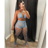 Sexy Blue Beach Fishnet Perspective Hollow Halter Crop Top Two Piece