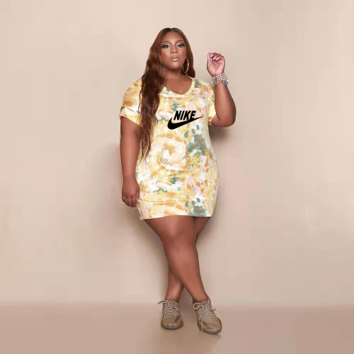 Plus Size Fashion Sexy Yellow Tie Dye Print V Neck Club Dress