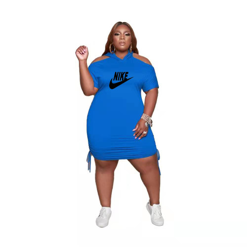 Fashion Blue Drawstring Hoodie Print Cold Shoulder Half Sleeve Midi Dress
