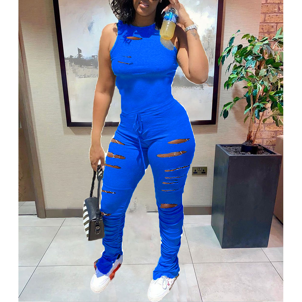 Blue Cutout Drawstring Fold Sleeveless Stacked Jumpsuit