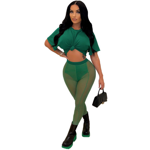 Casual Dark Green Sexy Perspective T Shirt Mesh Pants 2 Piece Sets