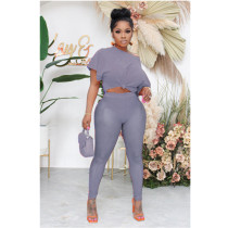 Casual Grey Sexy Perspective T Shirt Mesh Pants 2 Piece Sets