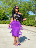 Purple Solid Color Fringe Knee-Length Skirt
