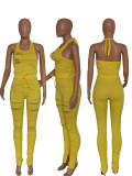 Yellow Cutout Drawstring Fold Sleeveless Stacked Jumpsuit