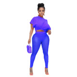 Casual Purple Sexy Perspective T Shirt Mesh Pants 2 Piece Sets
