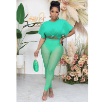 Casual Green Sexy Perspective T Shirt Mesh Pants 2 Piece Sets