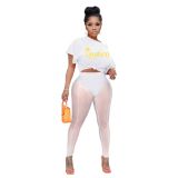 White Queen Letter Print See Through T Shirt Mesh Pants 2 Piece Sets