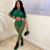 Casual Dark Green Sexy Perspective T Shirt Mesh Pants 2 Piece Sets