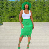 Green Solid Color Fringe Knee-Length Skirt