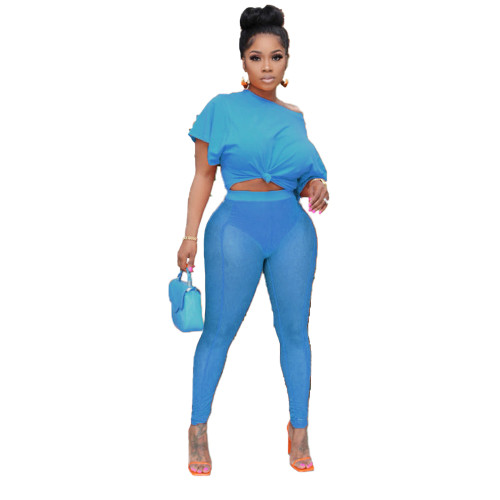 Casual Sky Blue Sexy Perspective T Shirt Mesh Pants 2 Piece Sets