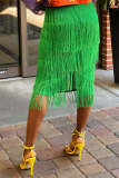 Green Solid Color Fringe Knee-Length Skirt