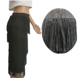 Black Solid Color Fringe Knee-Length Skirt
