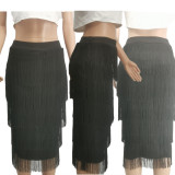 Black Solid Color Fringe Knee-Length Skirt