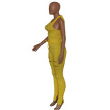 Yellow Cutout Drawstring Fold Sleeveless Stacked Jumpsuit