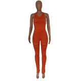 Orange Cutout Drawstring Fold Sleeveless Stacked Jumpsuit