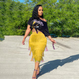 Yellow Solid Color Fringe Knee-Length Skirt