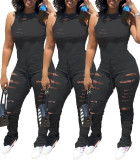 Black Cutout Drawstring Fold Sleeveless Stacked Jumpsuit