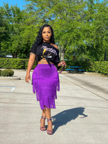 Purple Solid Color Fringe Knee-Length Skirt