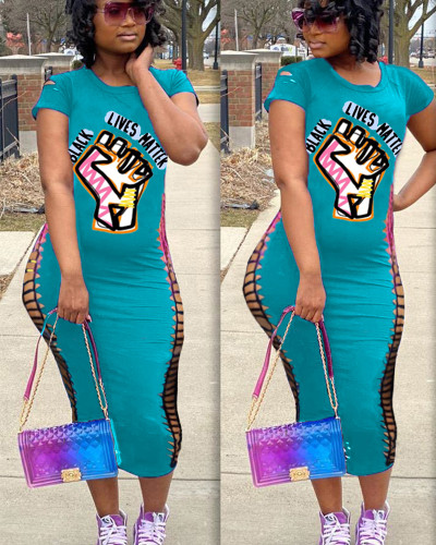 Summer Round Neck Short Sleeve Sexy Lace-up ripped Bodycon Dress