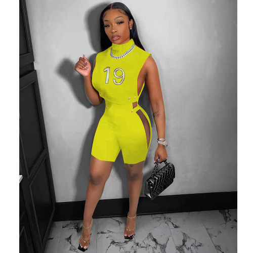 Yellow Sexy Hollow Embroidered Turtleneck Vest Nightclub Two-piece Set