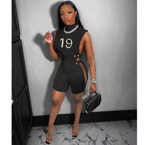 Black Sexy Hollow Embroidered Turtleneck Vest Nightclub Two-piece Set