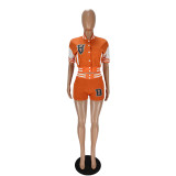 Summer Orange Air Layer Jacket Baseball Uniform Letter Print Casual Two-Piece Splicing Sports Suit
