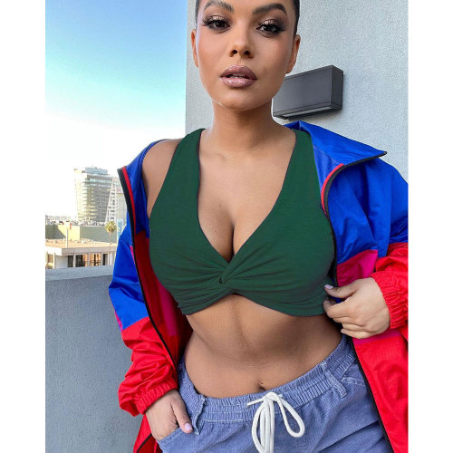 Green Sexy Casual Solid Vests V Neck Tops