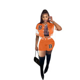 Summer Orange Air Layer Jacket Baseball Uniform Letter Print Casual Two-Piece Splicing Sports Suit