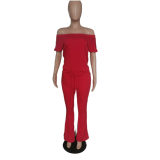 Red Off Shoulder Batwing Sleeve Skew Neck Drawstring Waist Wide Leg Pants Women Jumpsuit