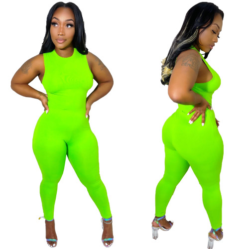 Solid Sleeveless Two Piece Ipresistible Set Fluorescent Green