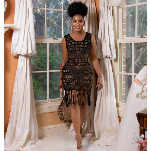Black Sexy Perspective Mesh Knitting Fringe Beach Dress