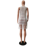 White Sexy Perspective Mesh Knitting Fringe Beach Dress