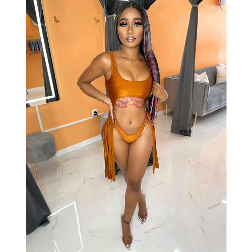 Solid Color Coffee Sleeveless Rompers Sexy Backless Fringe Bikini One Piece Swimsuit