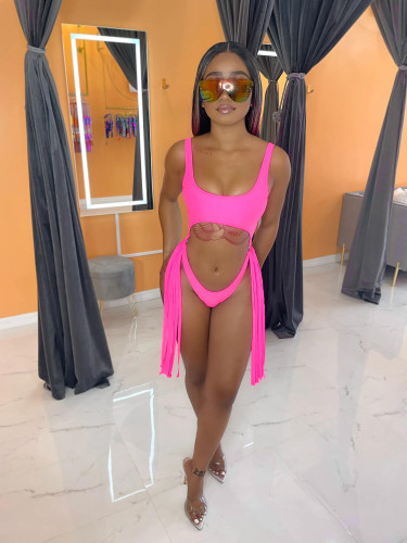 Solid Color Pink Sleeveless Rompers Sexy Backless Fringe Bikini One Piece Swimsuit