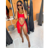 Solid Color Red Sleeveless Rompers Sexy Backless Fringe Bikini One Piece Swimsuit