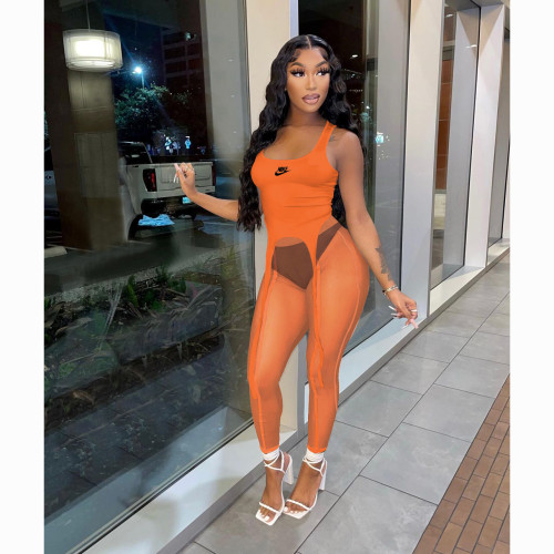 Fashion Orange Splicing Sexy Perspective Sports Sleeveless Top and Mesh Pants