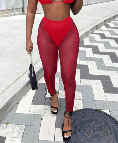 Red Sexy See Through Mesh High Waist Pack Hip Tight Casual Trousers