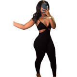 Solid Black Knitting Hatler Backless Straps Sexy Jumpsuit with Hollow